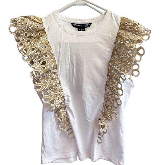 Veronica Beard Jadi Eyelet Ruffle Tee White & Light Khaki, Size S - Picture 6 of 11
